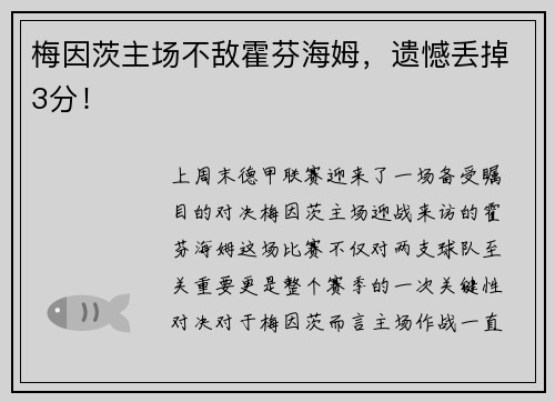 梅因茨主场不敌霍芬海姆，遗憾丢掉3分！